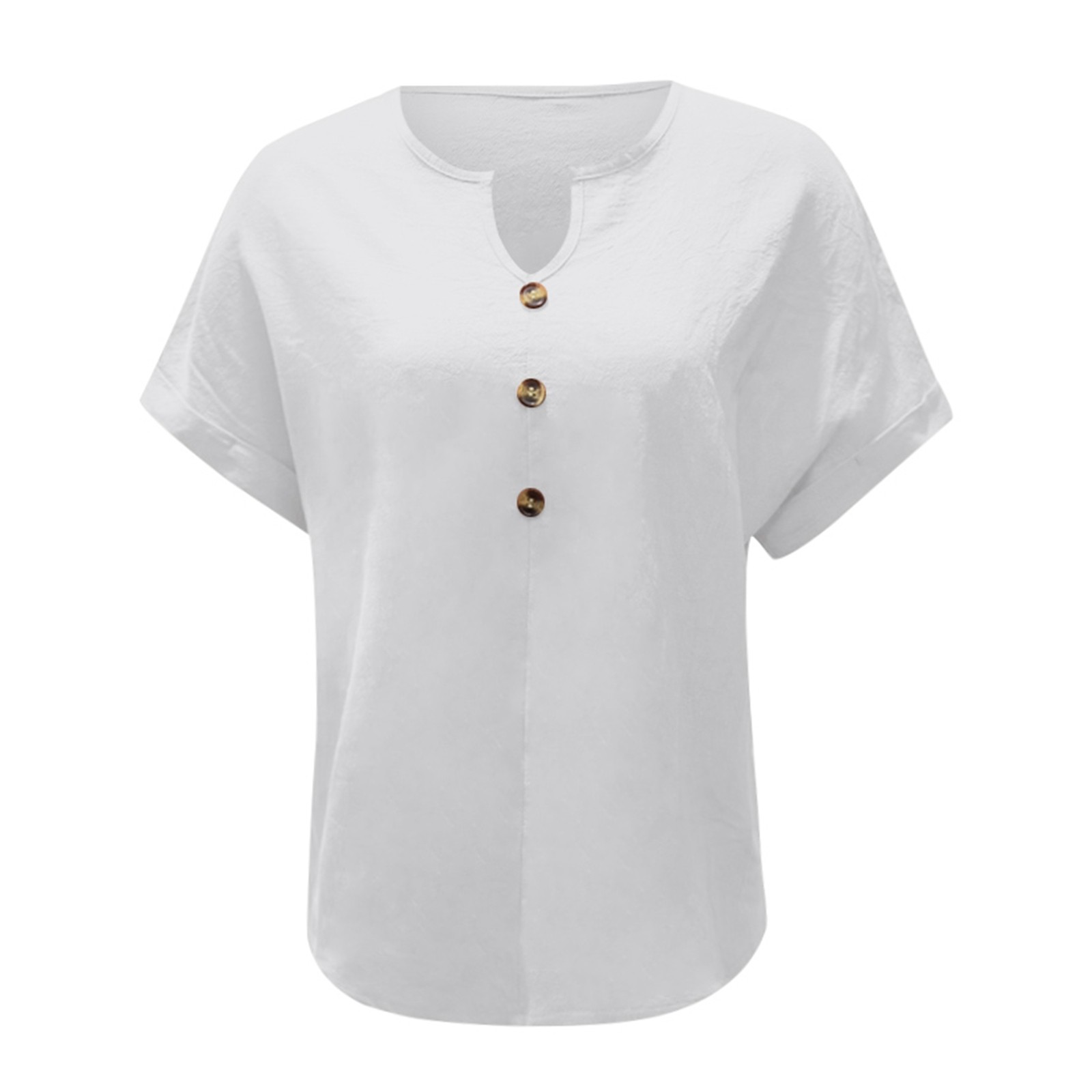 thumbnail image 4 of Camiseta de manga corta con cuello en V y botones para mujer - Top informal de color liso - Botones en la parte delantera, ajuste holgado - Para todas las estaciones, 4 of 5